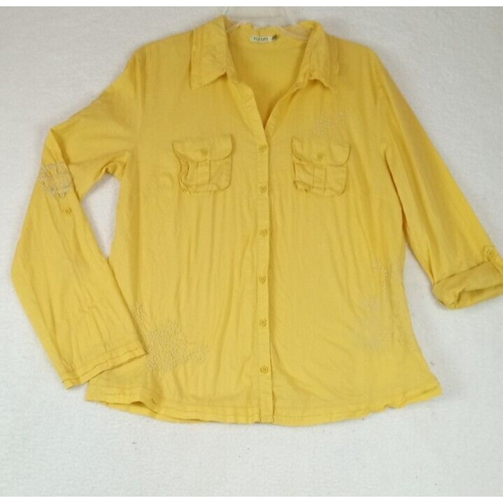 Old Navy Shirt Womens Large‎ Yellow Button Up Top Distress Embroidery
